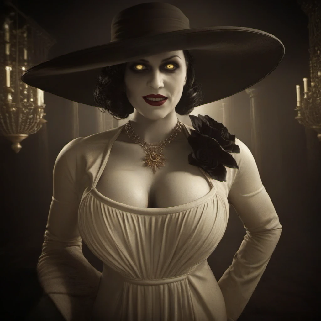 Horror-themed a woman with a dress and a hat, large breast, smile, yellow eyes<lora:LadyDimitrescu1024:0.8> . Eerie, unsettling, dark, spooky, suspenseful, grim, highly detailed