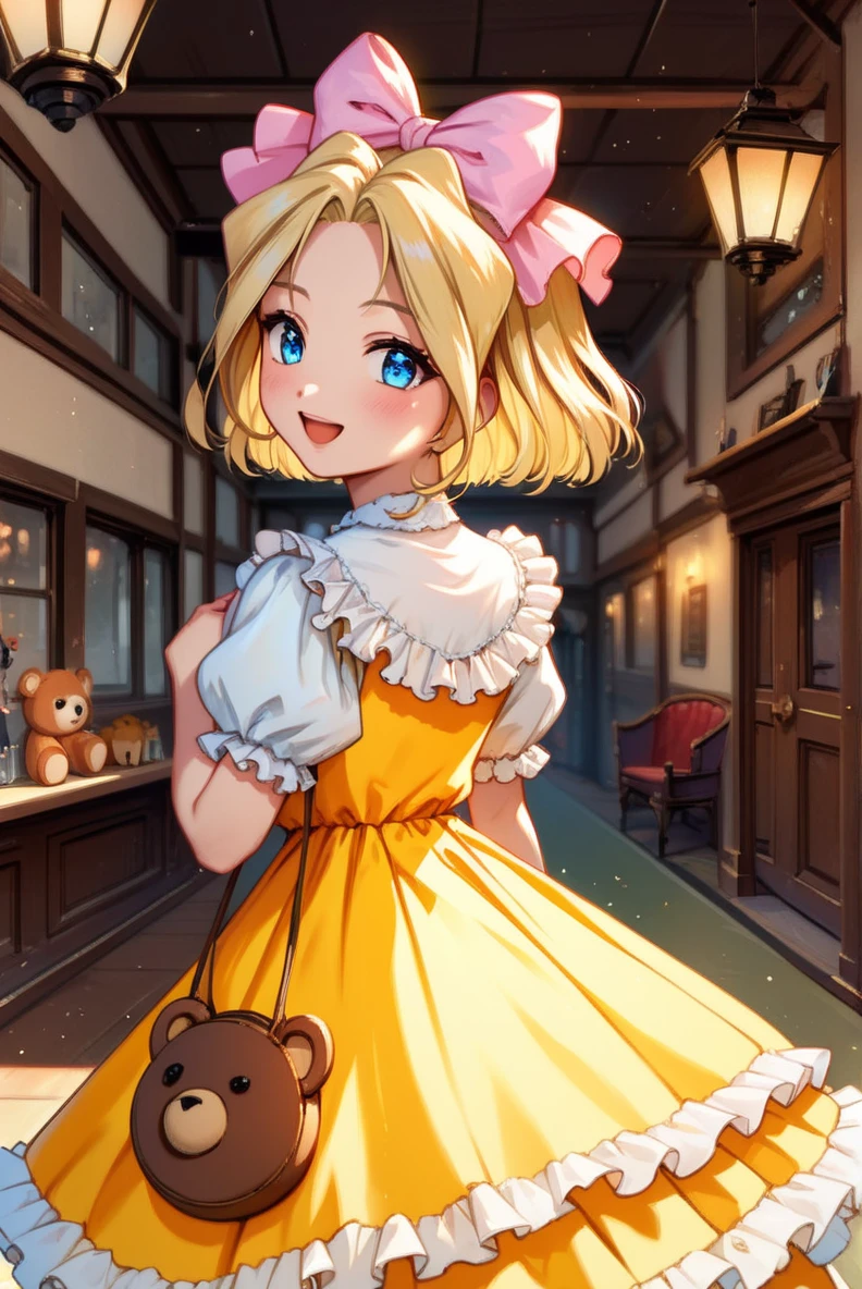 score_9, score_8_up, score_7_up, very aesthetic, source_anime, detailed, high quality, beautiful, masterpiece, detailed eyes,
village, blurry background,
<lora:lightXL:0.8>
cowboy shot, from behind, upper body,
looking back, smile, open mouth, blush,
stuffed toy handbag,
<lora:iris_autismConfetti_v01:0.95>flat chest,
irisBase, blonde hair, blue eyes, hair bow, pink bow, short hair, parted bangs,
yellow dress, frills, white puffy sleeves, short sleeves, layered dress, lace white socks, orange footwear,, zPDXL