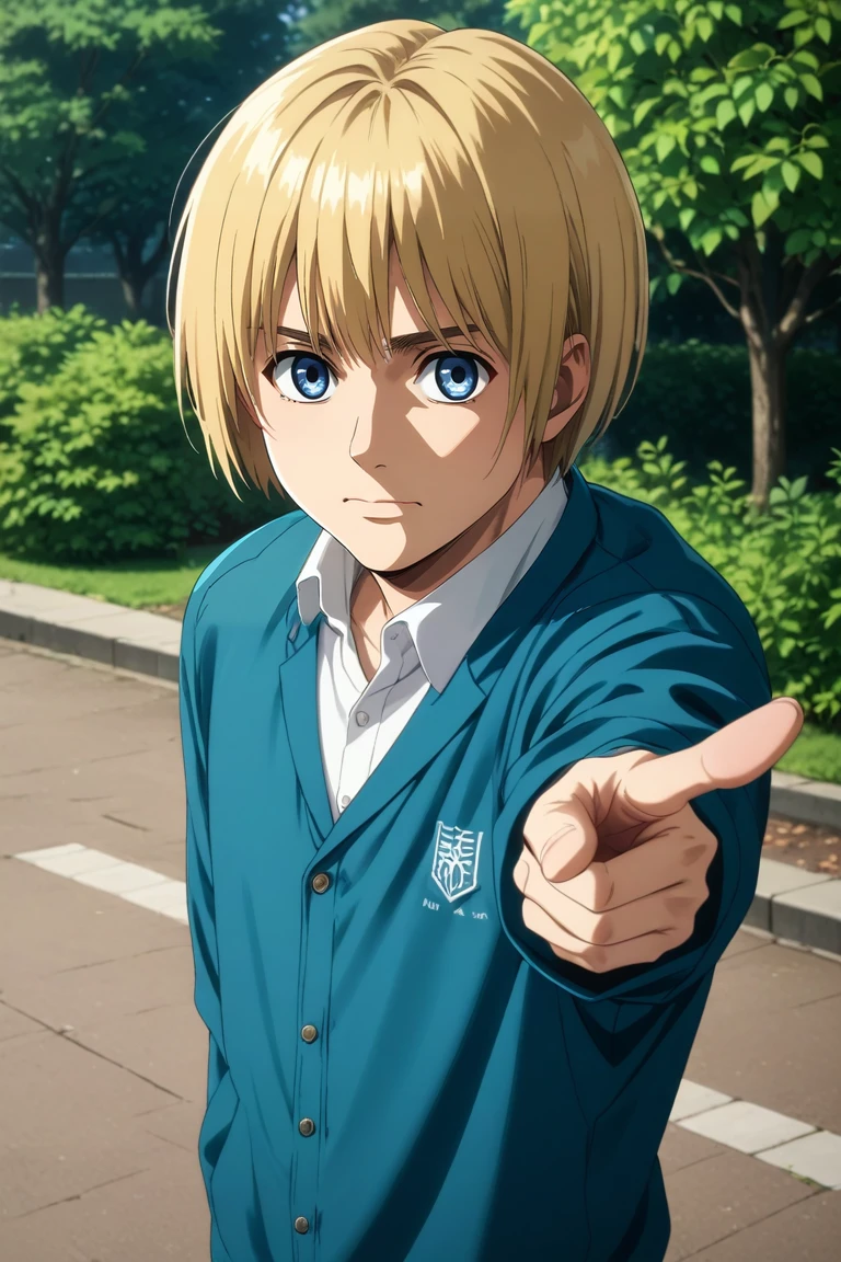 score_9, score_8_up, score_7_up, source_anime, rating_safe, intricate details, (realistic:0.6), looking at viewer, , 1boy, solo, male focus, <lora:armin_arlert_pony:0.78>, armin_arlert, blonde hair, blue eyes, short hair, bob cut, bangs, straight-on, full body, park, dawn, pointing, wavy mouth, , <lora:sdxl_lightning_8step_lora:1>