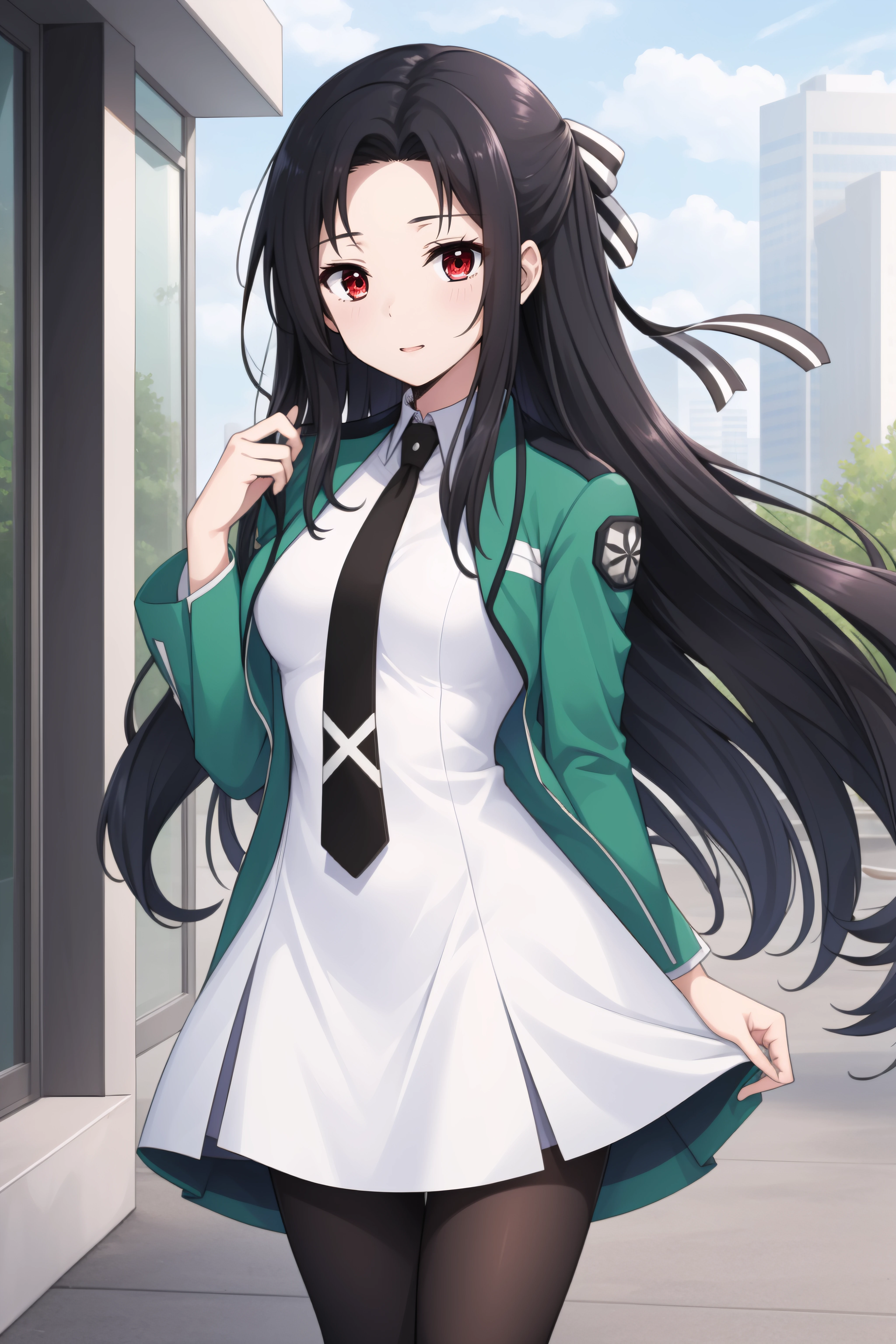 (masterpiece, best quality), <lora:Mayumi Saegusa-lora-Faxtron:0.8> mayumi saegusa, red eyes, black hair, long hair, medium breasts, striped ribbon, cropped green jacket, long sleeves, white dress, black necktie, pantyhose, standing, 
 <lora:more_details:0.1>