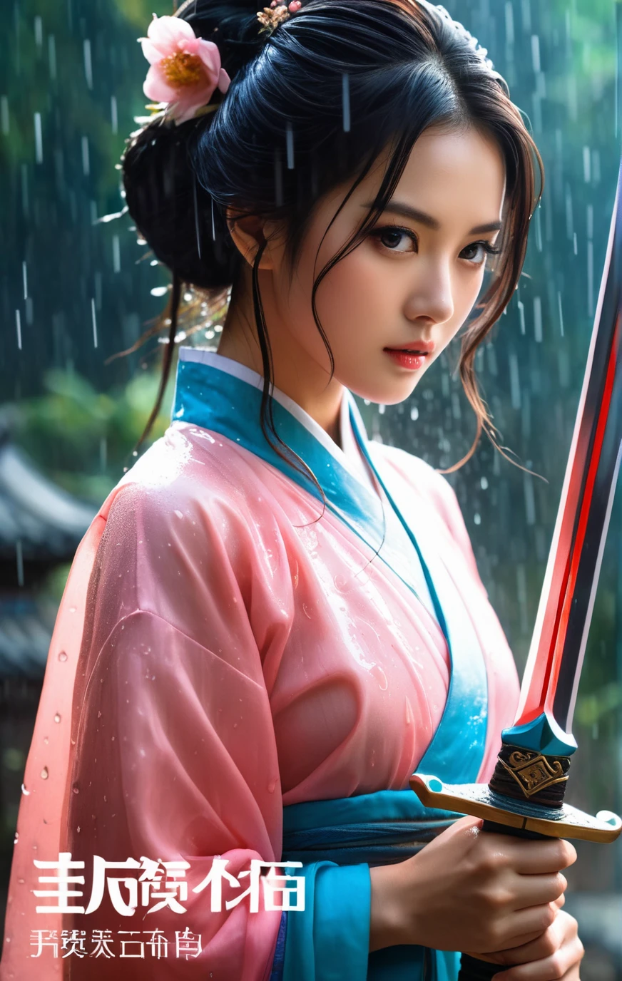 18 y.o beautiful girl and monster,transparent hanfu,masterpiece,best quality,eyes close-up,from_above,best fingers,facing viewer,magnificent,celestial,ethereal,painterly,epic,majestic,magical,fantasy art,cover art,dreamy,elegant,cinematic,background illuminated,rich deep colors,ambient dramatic atmosphere,creative,perfect,beautiful composition,intricate,detailed,
ink and wash,soft backlight,traditional chinese characters,magazine cover,pink long upper shan,heavy rain,exaggerated dynamic posture,wet clothes,glaring,angry,wet_hair,(wet body:1.3),(take the sword:1.4),battle posture,