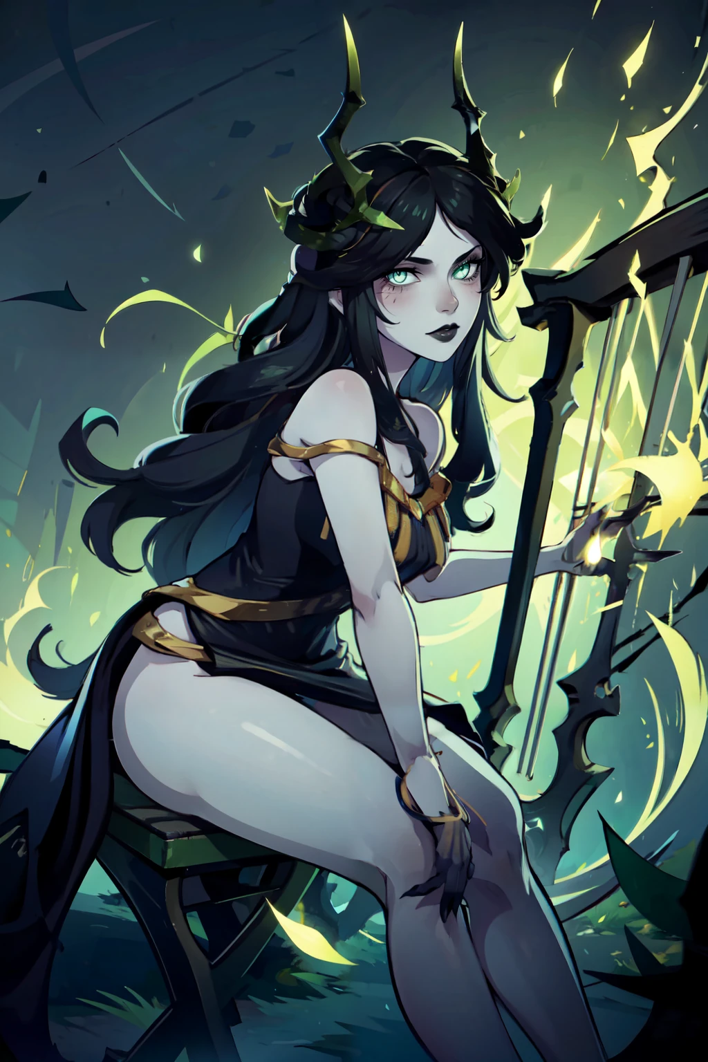 ((masterpiece,best quality)), absurdres, <lora:CeciaAFK_v1:0.6>, CeciaAFK, green eyes, horns, grey skin, black lips, colored skin, black hair, pale skin, long hair, bare shoulders, sitting, black dress, instrument, harp, thigh, claw, magic, green glow, side slit , looking at viewer, sitting, green glow, leaning forward,