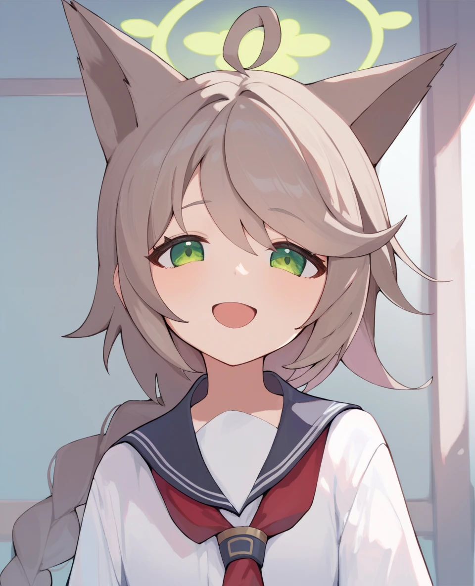 score_9,score_8_up,score_7_up,source_anime,
1girl,
grey hair, green eyes, green halo, long hair, single braid, ahoge, animal ears,
school uniform, white shirt, red neckerchief,
smile, open mouth, looking at viewer,
upper body,
<lora:otogi_pony:1>