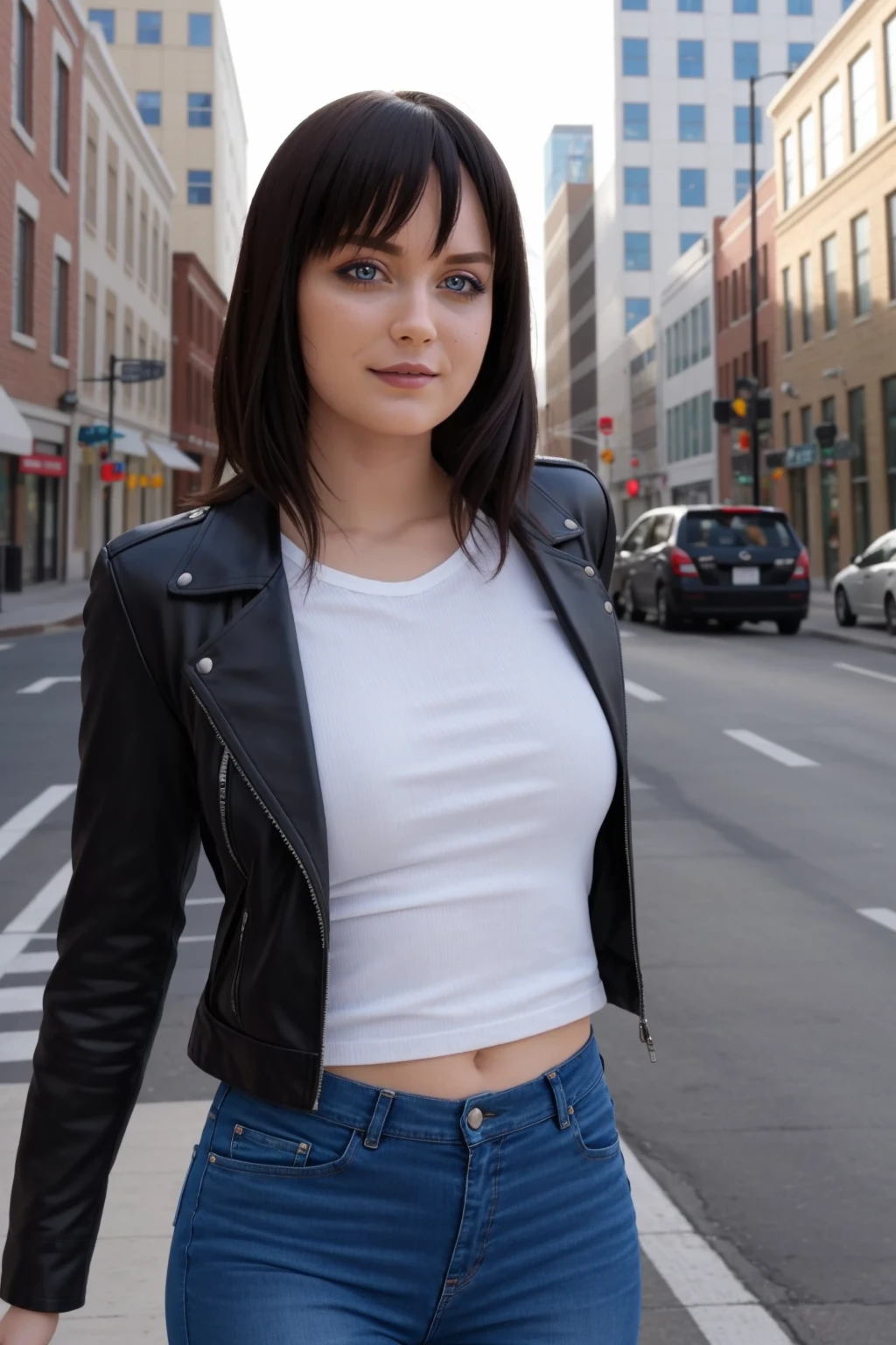 <lora:mondongo_LoRA_NalaNova:0.9> mndngwmn, (ultra realistic, 8k,high quality), above the waist photo, wearing a leather jacket,white t-shirt, jeans, on a city downtown, daytime