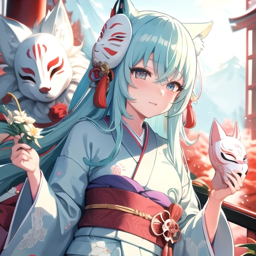 <lora:LiljaKurtbay-05:0.7>, liljawds, looking at viewer, holding, flower, japanese clothes, hood, kimono, aqua hair, mask, cover, white kimono, fox mask, holding mask, uchikake, wataboushi,