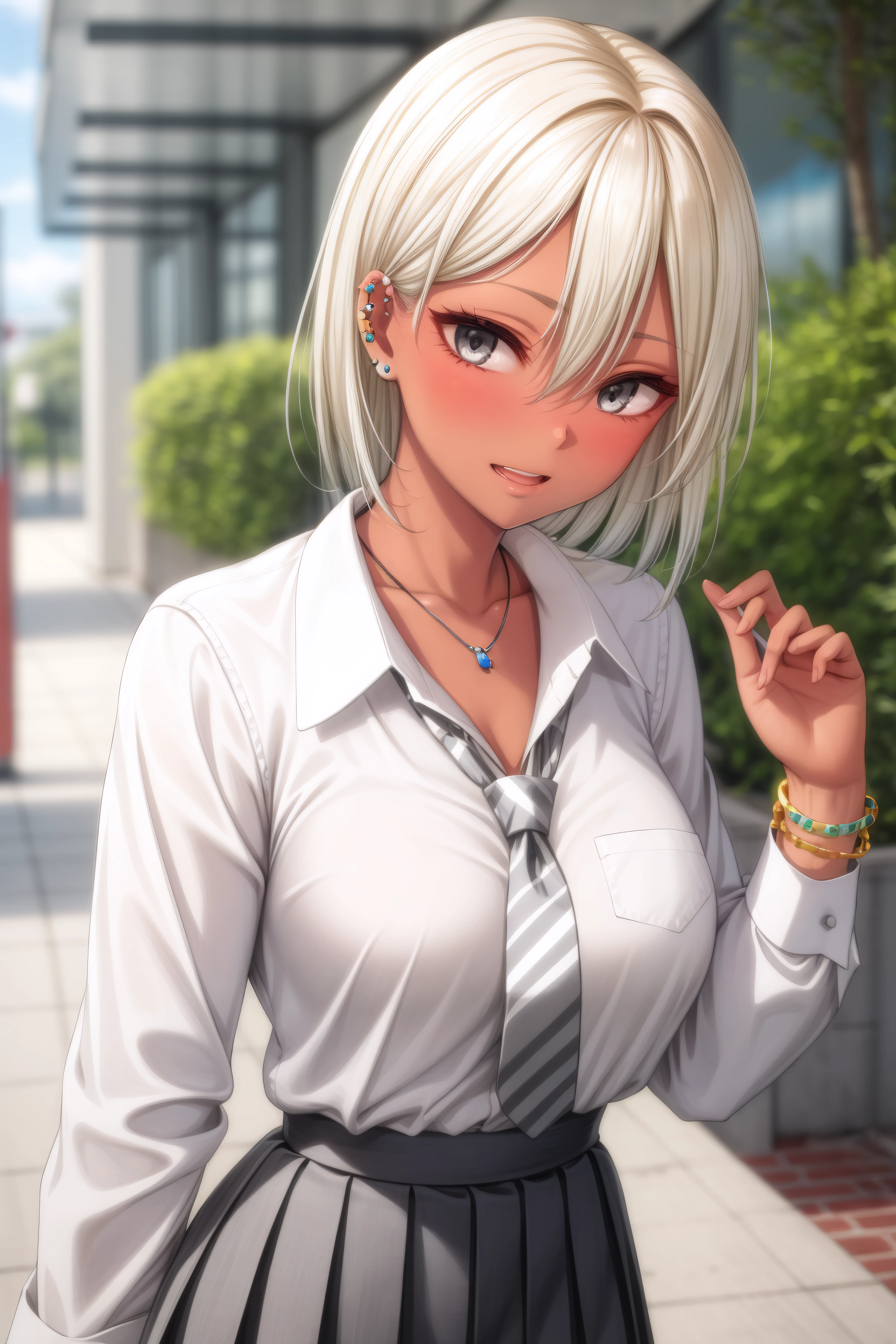 (masterpiece, best quality), <lora:nagisa-lora-Faxtron:0.8> nagisa, grey eyes, blonde hair, medium hair, large breasts, dark skin, ear piercing, pendant, bracelet, white shirt, collarbone, long sleeves, grey striped necktie, grey pleated skirt, 
<lora:add_detail:0.8>