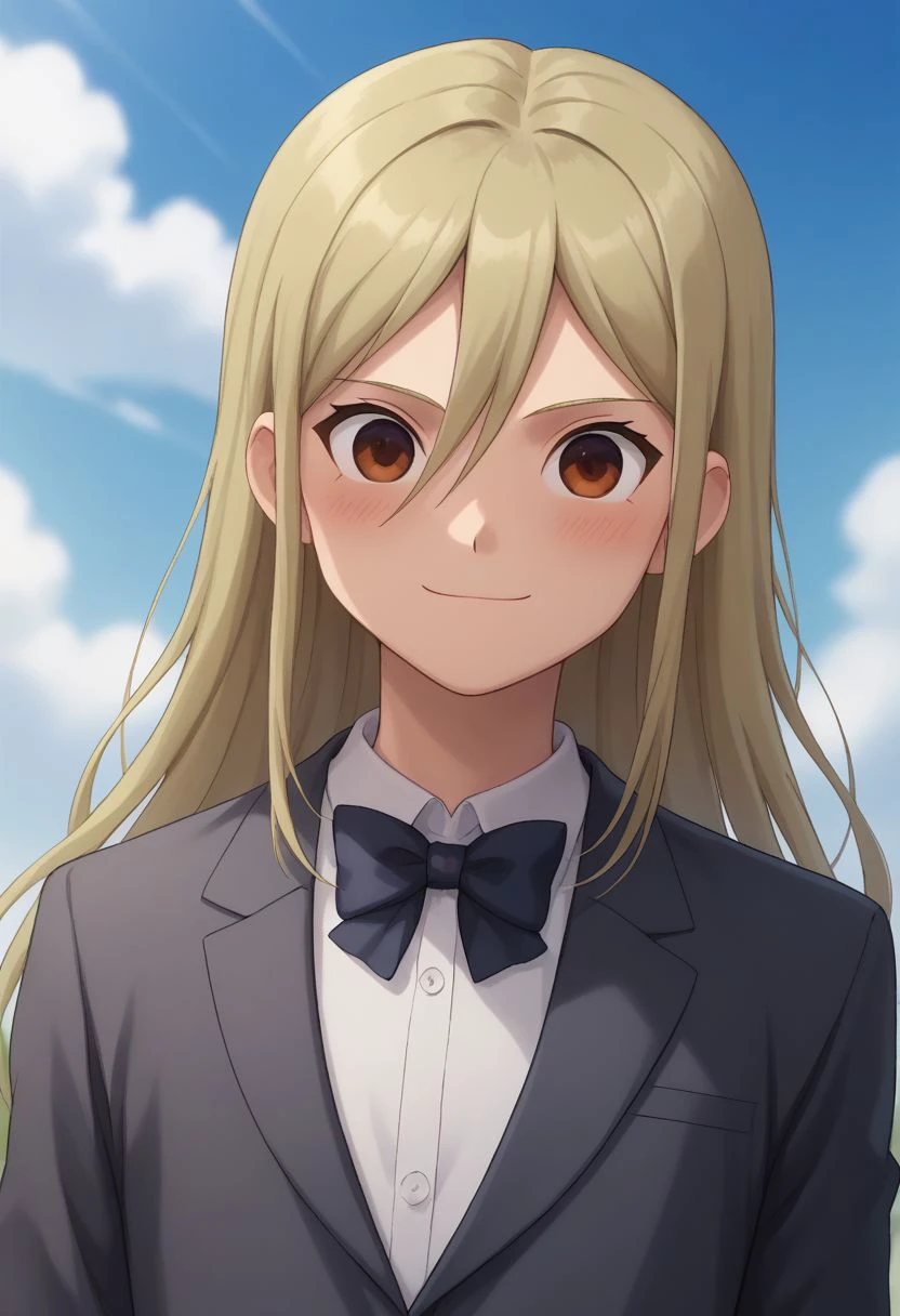 core_9, score_8_up, score_7_up, source_anime, highly detailed, slender, skinny, cute, 1boy, solo, male_focus, slender, skinny, cute,
byron, male focus, 1boy, solo, long hair, sky, cloud, blonde hair, day,  smile, brown eyes, forma, suit, bow tie, embarassed, blush, posing for a photo,