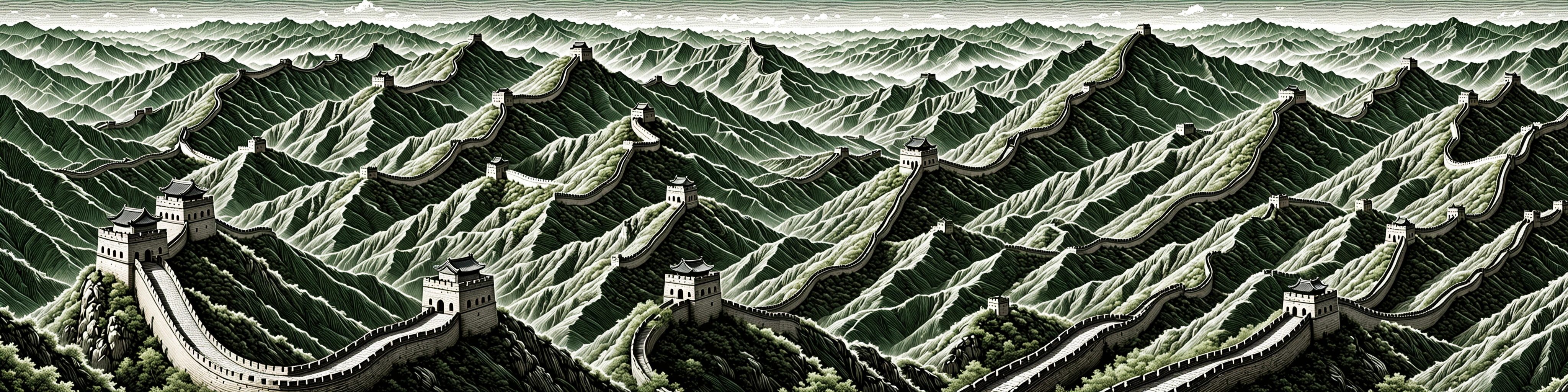 The Great Wall is made up of continuous detailed lines winding and lengthening,((digital carving style)),masterpiece,high quality,colorful,beautiful,crazy detail,<lora:changcheng_V0-000002:0.4>,bigc,digital engraving,Cash green,(((The whole picture is made up of diagonal lines))),