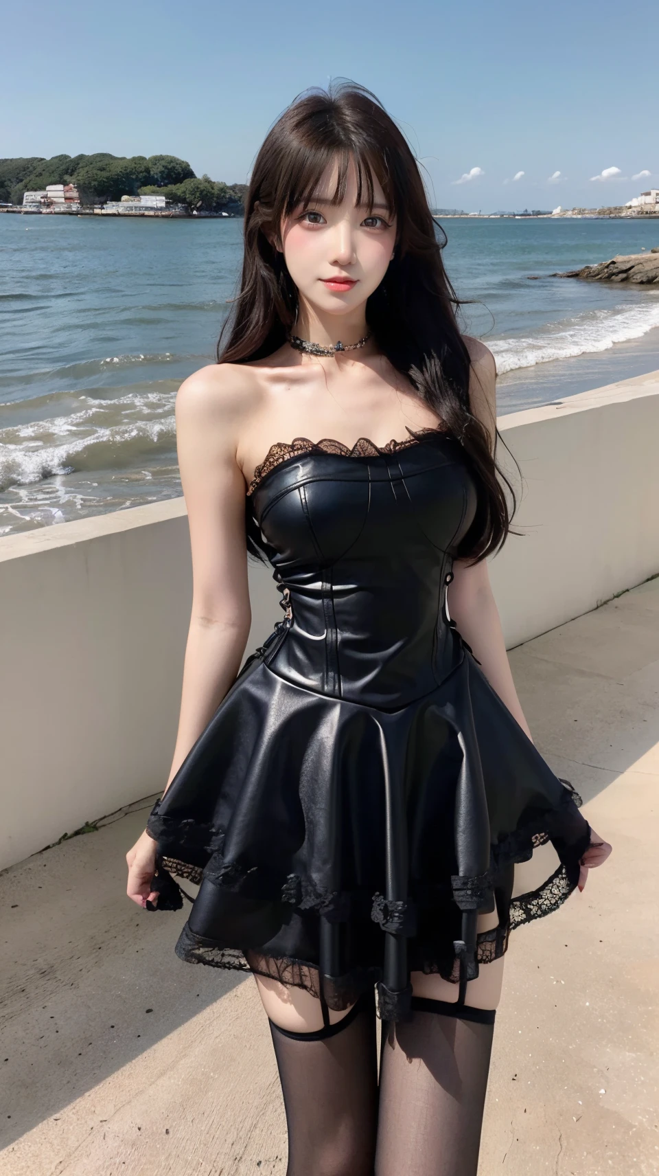 masterpiece,best quality,bright colors,solo,photo_,(1girl:1.3),(standing:1.3),(looking at viewer:1.4),Elegant,detailed gorgeous face,(cowboy shot:1.4),realistic,dappled sunlight,(seaside background:1.4),sun,,MIS,lace,black dress,leather,black thighhighs,<lora:MIS43:0.75>