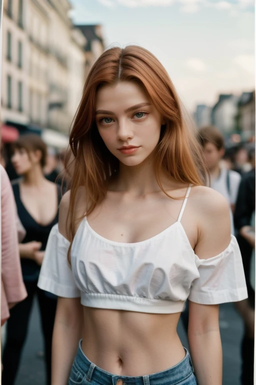 panorama,upper_body,night,1girl,white_shirt,blonde hair,red hair,blue eyes,crop_top,midriff,crowd,<lora:Xg f_01:0.7>,<lora:LCM_LoRA_Weights_SD15:0.5>,, highres,ultra high res,best quality,raw photo,35mm f/1.4,film grainngk,