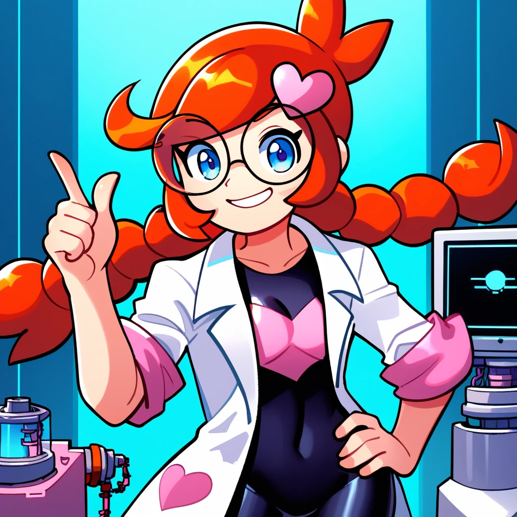 score_9_up, score_8_up, score_7_up, score_6_up, best quality, masterpiece, source_cartoon, detailed background, blue background, (lab, laboratory, machines, computer:1.5), BREAK 1girl, solo, penny_(\warioware\), large head, orange hair, blue eyes, braids, glasses, pink hairpin, labcoat, black bodysuit, short sleeves, pointing, one hand on hip, smile, cowboy shot, looking at viewer <lora:PDXL_Penny_WW:1>