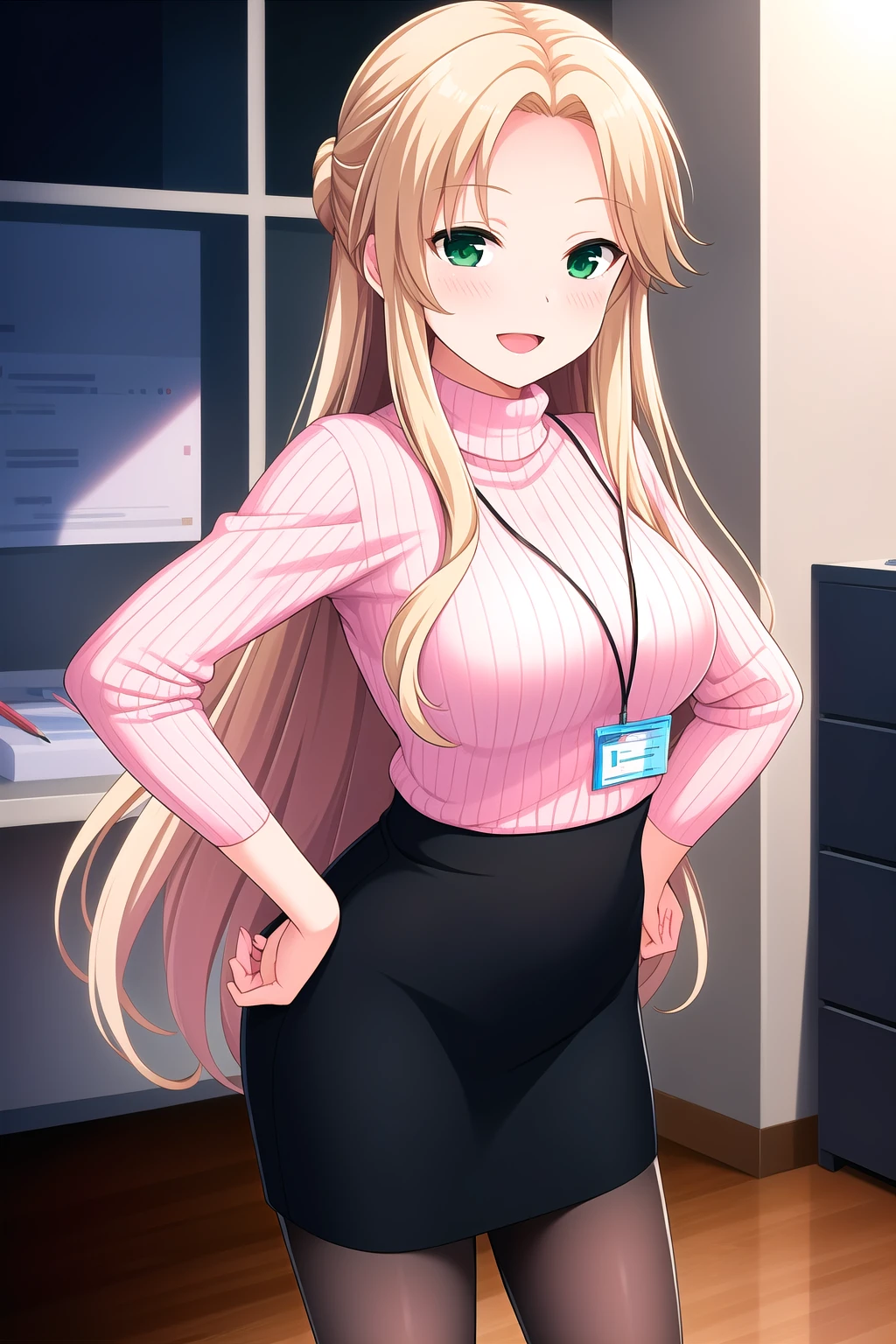 (masterpiece, best quality), highly detailed background, perfect lightingbest quality, hayashidakira, solo, indoors, office, office lady, blonde hair, half updo, parted bangs, forehead, very long hair, green eyes, medium breasts, pink sweater, turtleneck sweater, ribbed sweater, id card, long sleeves, hands on hips, black skirt, miniskirt, pencil skirt, black pantyhose, smile, open mouth, :d, pink lips, <lora:Hayashida-Kira:0.7>
