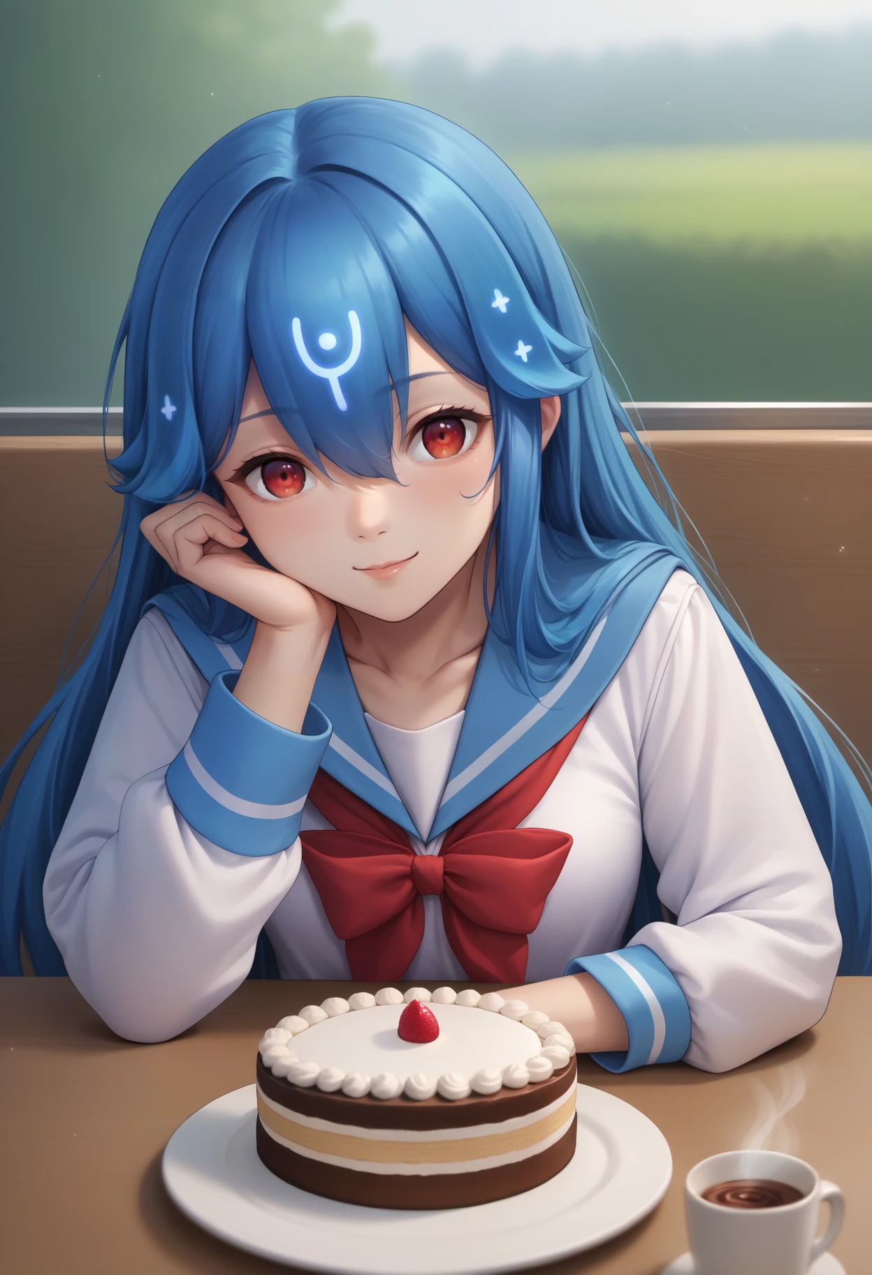 score_9, score_8_up, score_7_up, source_anime, 1girl, solo, <lora:Bao_XLPD:0.8>, BaoSchool, blue hair, long hair, bangs, hair between eyes, school uniform, white shirt, serafuku, red bow, blue sailor collar, long sleeves, pov across table, pov, table, cake, coffee, cafe, outdoors, elbow rest, seductive smile,