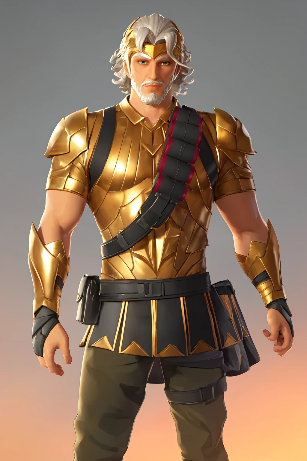 zeusfortniteV1, 1boy , mature male, looking at viewer,  white skin, white hair, green eyes, beard, mustache, male focus, facial hair, muscle, golden armor, armor, shotgun shell bandolier, full body,     <lora:zeusfortnite-09:0.6>, masterpiece, 4k, high quality, highres, absurdres,