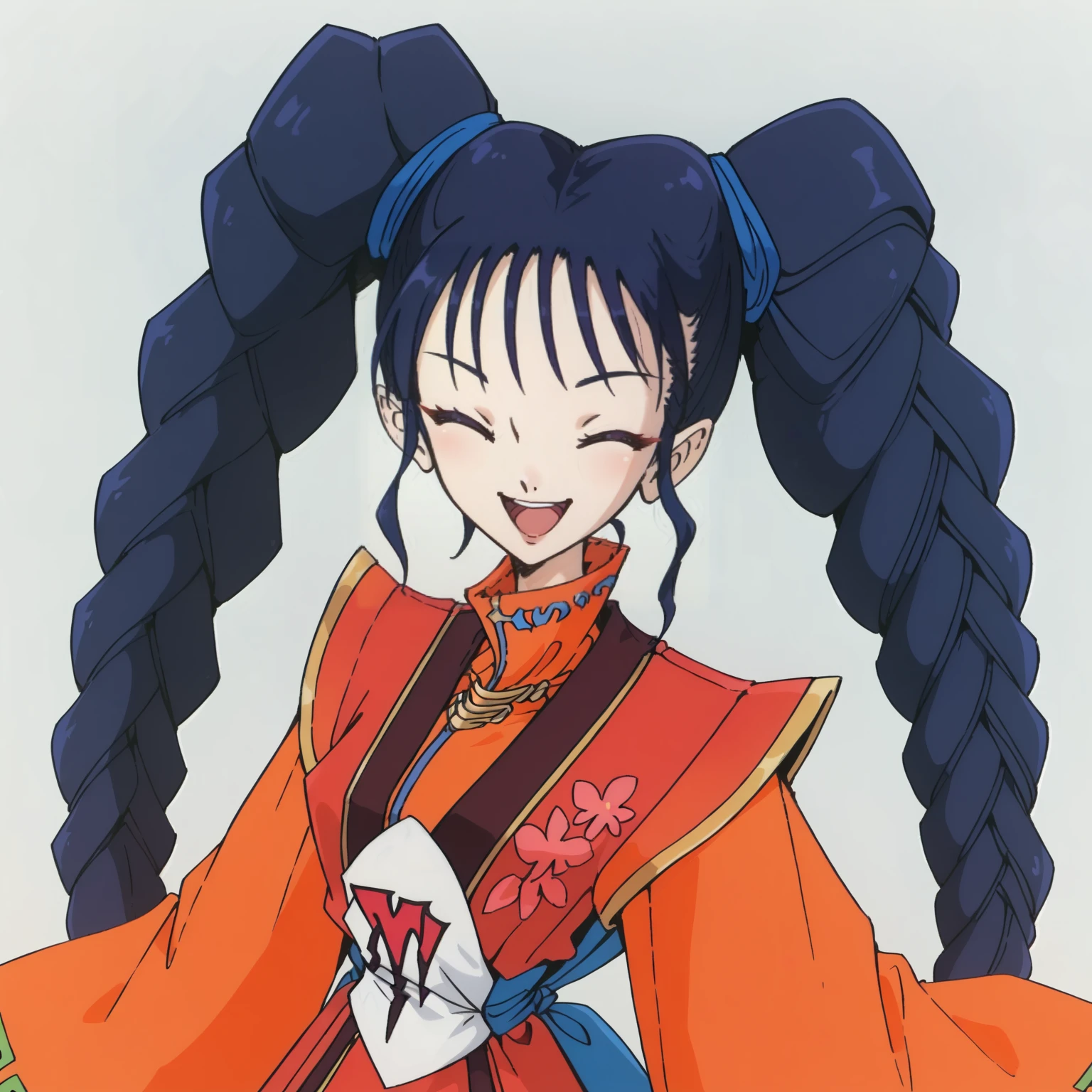 <lora:PrincessTIGHTNAVENXLpony001>,
solo,
PrincessTIGHTNAVEN,1girl,blue hair,twintails,twin braids,purple eyes,
red dress,wide sleeves,
smile,open mouth,closed eyes,