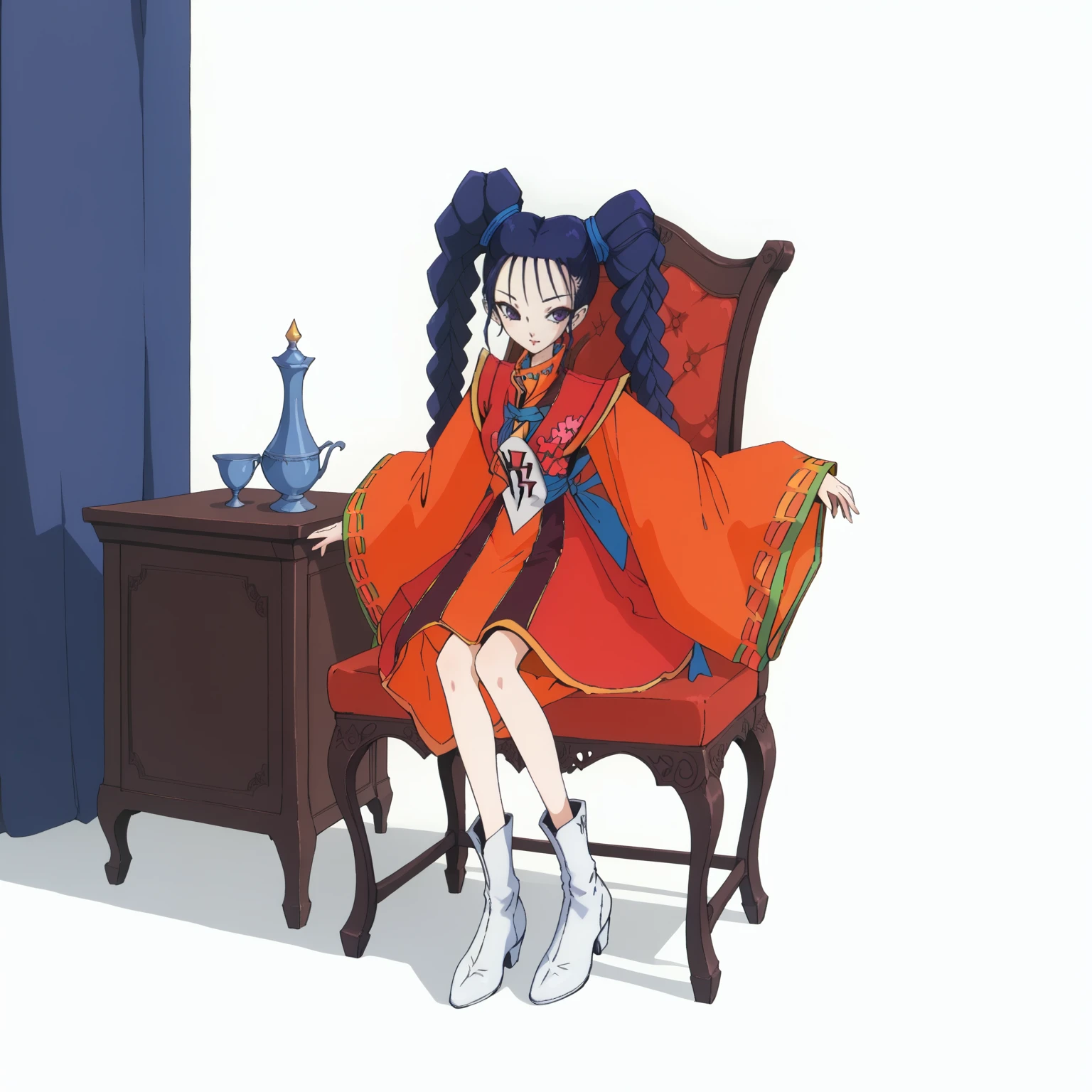 <lora:PrincessTIGHTNAVENXLpony001>,
solo,
PrincessTIGHTNAVEN,1girl,blue hair,twintails,twin braids,purple eyes,
red dress,wide sleeves,
white boots,
full body,sitting,chair,