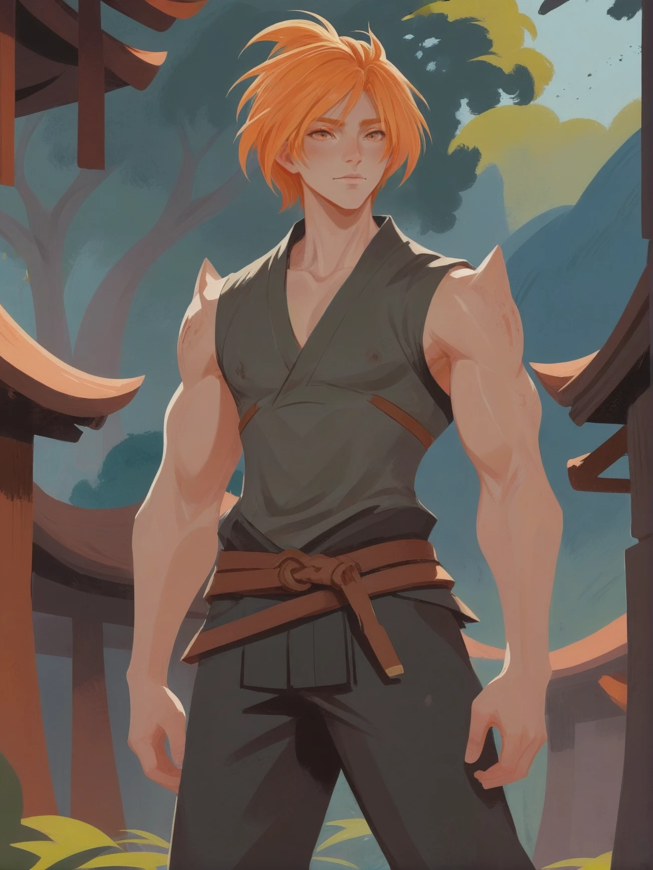 stylized digital painting, (full body:1.2), 1boy, man, masculine, solo, [:creative costume design,:0.2] samuraibender, caucasian, orange hair, (muscular:1) build, subterranean,lush scifi village outside of reality<lora:EnvyStarlightStylized01:1>