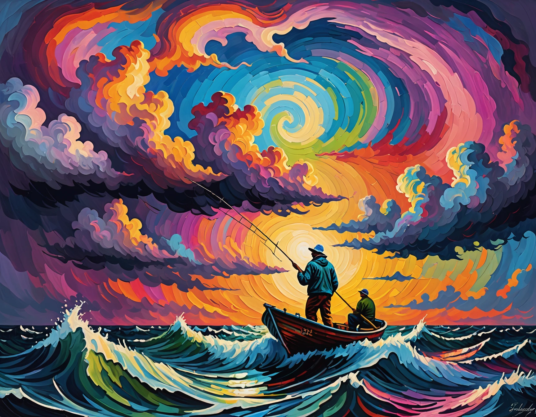 an impressionistic artwork LSD Trip an fisherman on open see in a stormy see ,colorful sky
