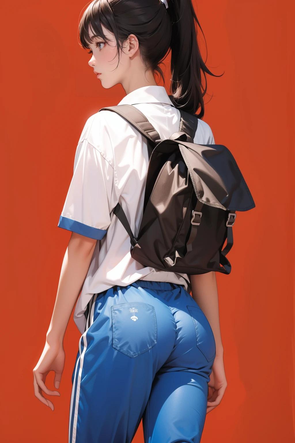 1girl,solo,red background,,ruanyi0533,backpack,blue pants,collared shirt,short sleeves,striped,sneakers,high ponytail,cowboy shot,from behind,<lora:0533 Shen Jiayi_v1:1>, best quality,masterpiece,highres,official art,extremely detailed cg unity 8k wallpaper