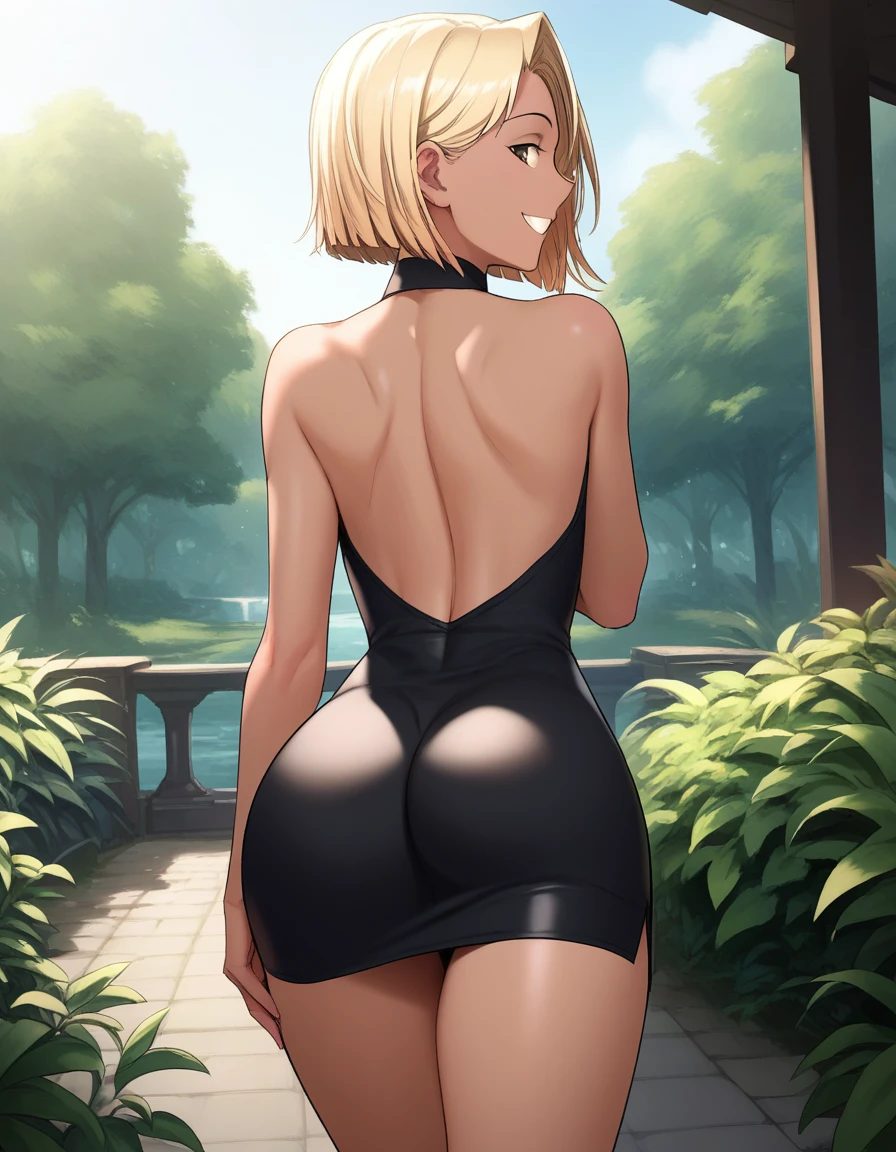 score_9,score_8_up,score_7_up, source_anime, cowboy shot, solo, looking at viewer,  looking back, from behind, short black dress, ass,  outdoors, smile <lora:Hani_-_Sexercise_Manhwa_Pony:1> fwhani, brown skin