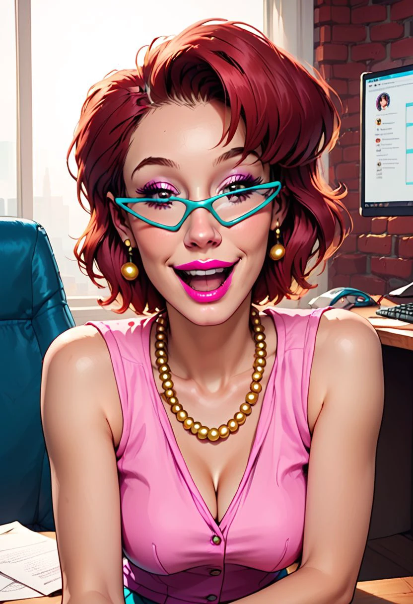 score_9, score_8_up, score_7_up, source_cartoon, rating_explicit, 1girl, solo, secretary, janine_melnitz, pointy green glasses, short red hair, pink lipstick, makeup, jewelry, earrings, pearl necklace, looking at viewer, happy, makeup, pink vest, sleeveless, blue mini skirt, indoors, sitting on a office chair, at a desk, in an office, telephone, computer, files, paperwork, brick walls, large windows, New York City outside, 1980's, retro, ghostbusters, best quality, best detail, detailed eyes, perfection style, sinozick style, d3t41l3d,