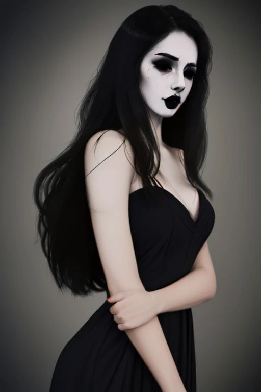 Jane the killer long black hair, black eyes, black lipstick, black dress pale white skin