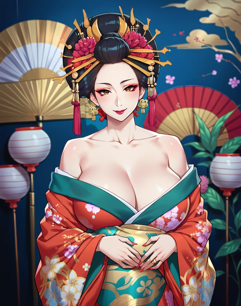 score_9, score_8_up, score_7_up, score_6_up, score_5_up, score_4_up, BREAK ,cowboy shot,1girl,solo,smile,source_anime,digital painting,
beautiful edgOiran_woman,off-shoulder kimono,perfect edgOiran_face,perfect edgOiran_body,edgOiran_makeup,edgOiran_hairstyle,huge breasts
 <lora:edgOiranPonyv1:1>