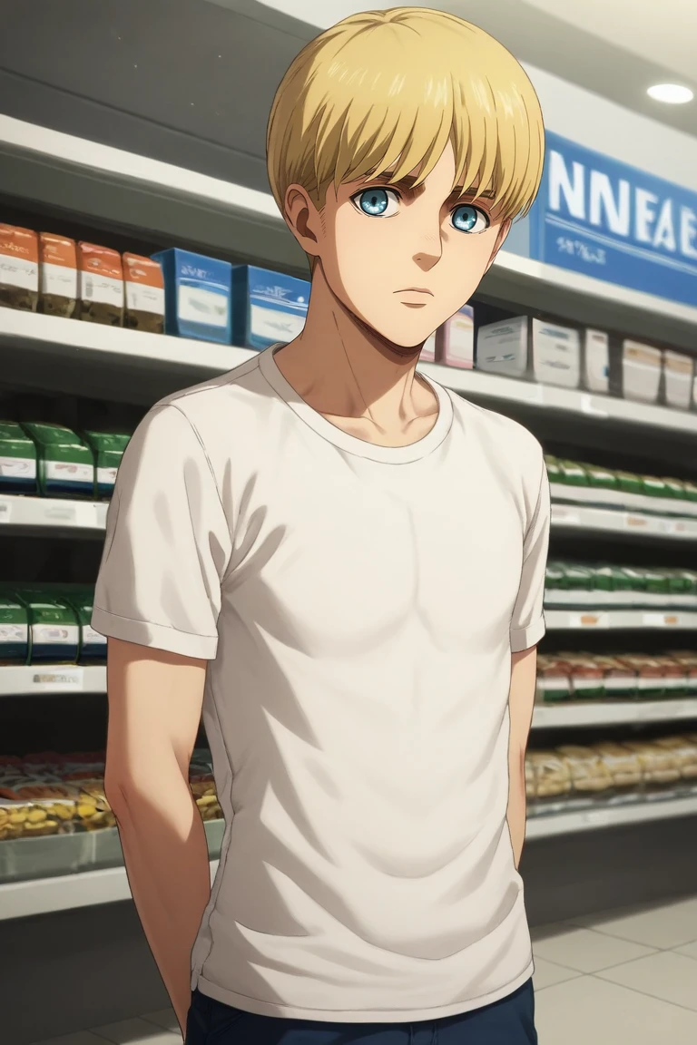 score_9, score_8_up, score_7_up, source_anime, rating_safe, intricate details, (photorealistic:0.6), looking at viewer, , 1boy, solo, male focus, <lora:armin_arlert_pony:0.88>, armin_arlert, blonde hair, blue eyes, very short hair, bowl cut, wide angle, wide shot, cowboy shot, store, convenience store, day, arms behind back, sad, , <lora:sdxl_lightning_8step_lora:1>