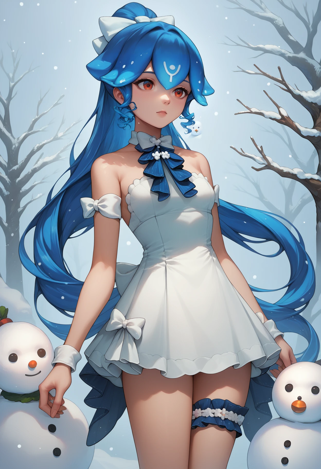 score_9, score_8_up, score_7_up, source_anime, 1girl, solo, <lora:Bao_XLPD:1>, outdoors, winter, snowing, snowman, BaoWinter, blue hair, liquid hair, ponytail, bangs, long hair, hair bow, white dress, short dress, short skirt, white bow, bare shoulders, thighs, bridal garter