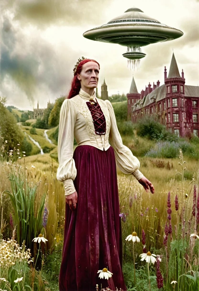 magical realism art by Carel Willink, landscape art by Gary Bunt, Painting, ufo alchemy, Confused, Light and shadow plays, Photograph, Marianne North, Manic, 4K, F/14, Aggressive, broad lighting, Velvet, Autochrome, Lapidary, Jan Weenix, Neoprene, a cozy ufo alchemy floats in the middle of a post-apocalyptic metropolis, surrounded by wildflowers and tall grass. The princess wears a flowing white and burgundy emo clothing that flows gently in the breeze, Radiance, Ambrotype, Amber and Beige dust particles, Joy, Canon EF, Platinum, British art, naive art, charming and humorous scenes of everyday life, Magic realism, architectural landscapes, eerie atmosphere