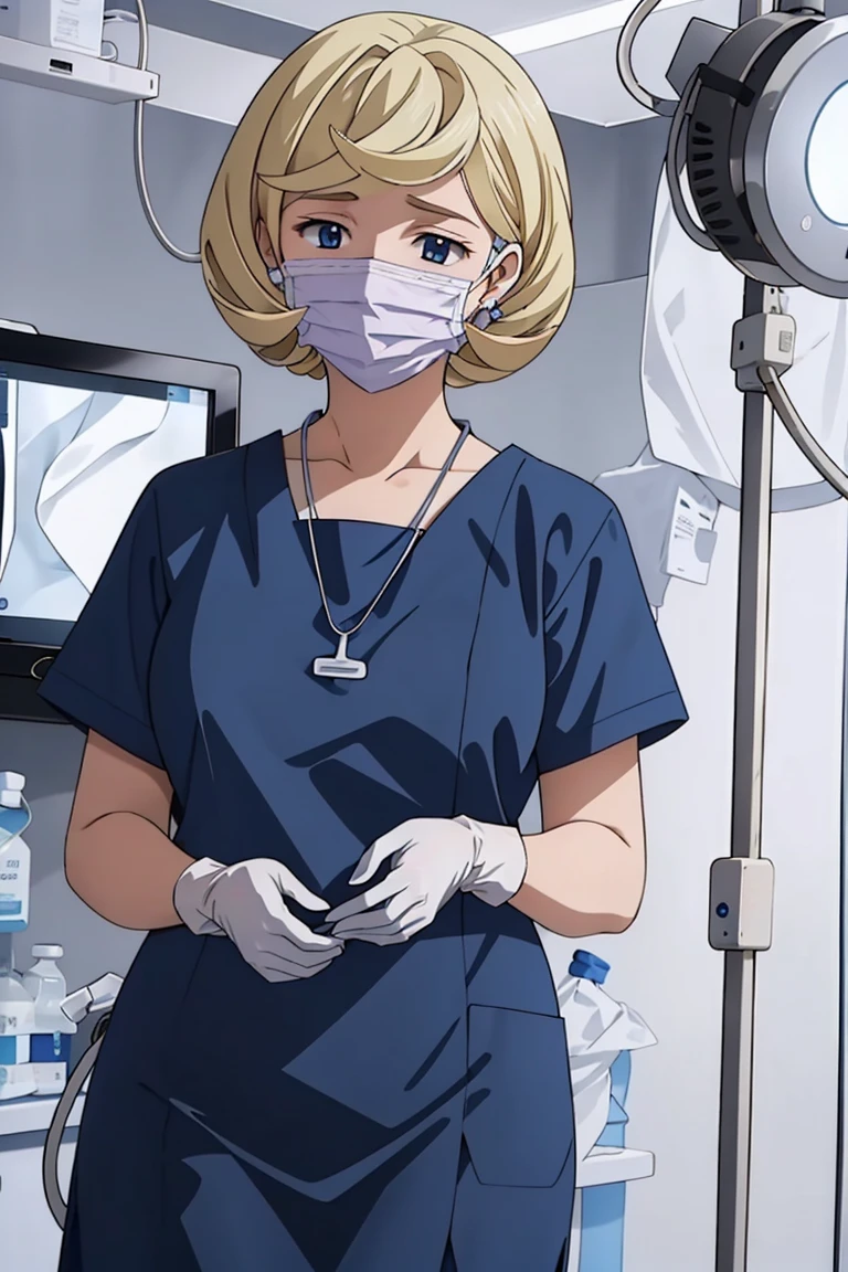 (RAW photo, best quality), operating room, overhead surgical light,blurred background, focused, dithering,backlighting,
 <lora:surgical_nurse_PPT_V1.0-000006:0.8> surgical_nurse_ppt, 1girl, surgical mask, gloves,long dress, nurse, 
 <lora:Merribit_Stapleton_GUNDAM_IBO-KK77-V1:0.6> earrings, necklace,blonde hair, blue eyes,short hair,1girl,solo,