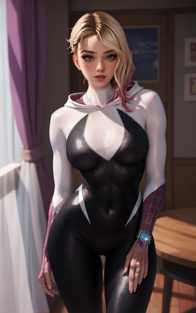 Costum_AcrossSpiderVerse_GwenStacy_ownwaifu,
1girl, blonde hair, short hair, blue eyes, eyebrow piercing, lips, freckles, blush, hair over one eye, multicolored hair, asymmetrical hair, two-tone hair, undercut, breasts, medium breasts, toned, makeup, red lips,
hooded bodysuit, spider web print, silk, white bodysuit, skin tight, mask removed, no mask, superhero, animification, covered navel, 
<lora:CARTOON_AcrossSpiderVerse_GwenStacy_ownwaifu:0.9> ,
((masterpiece)),((best quality)),(highres, absurdres), original, official_art, chromatic_aberration, bokeh, depth_of_field, window, wisteria, loaded_interior, skylight, sunset, indoors, window_shade, potted_plant, focused, looking at viewer, solo, cowboy shot,