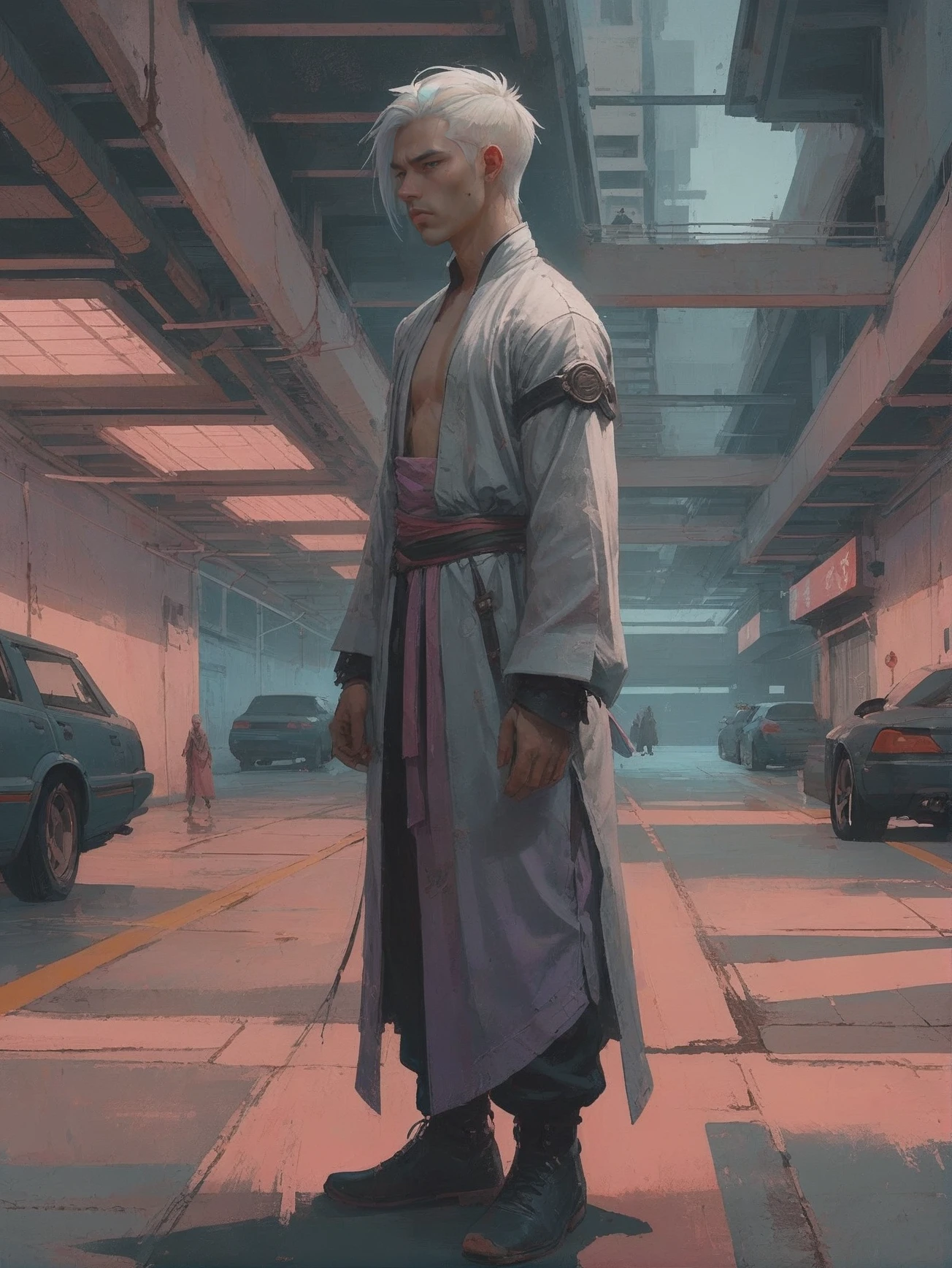 digital painting, (full body:1.2), 1boy, man, masculine, solo, [:formal costume design,:0.2] summoner, lavenderblush long dress, evening gown, chinese, ghostwhite hair, (muscular:1.3) build, Parking Garage \(room\) in a a Cryptic fantasy cosmic metropolis outside of reality, masterpiece, by Simon Stalenhag<lora:EnvyStarlightGritty01:1>