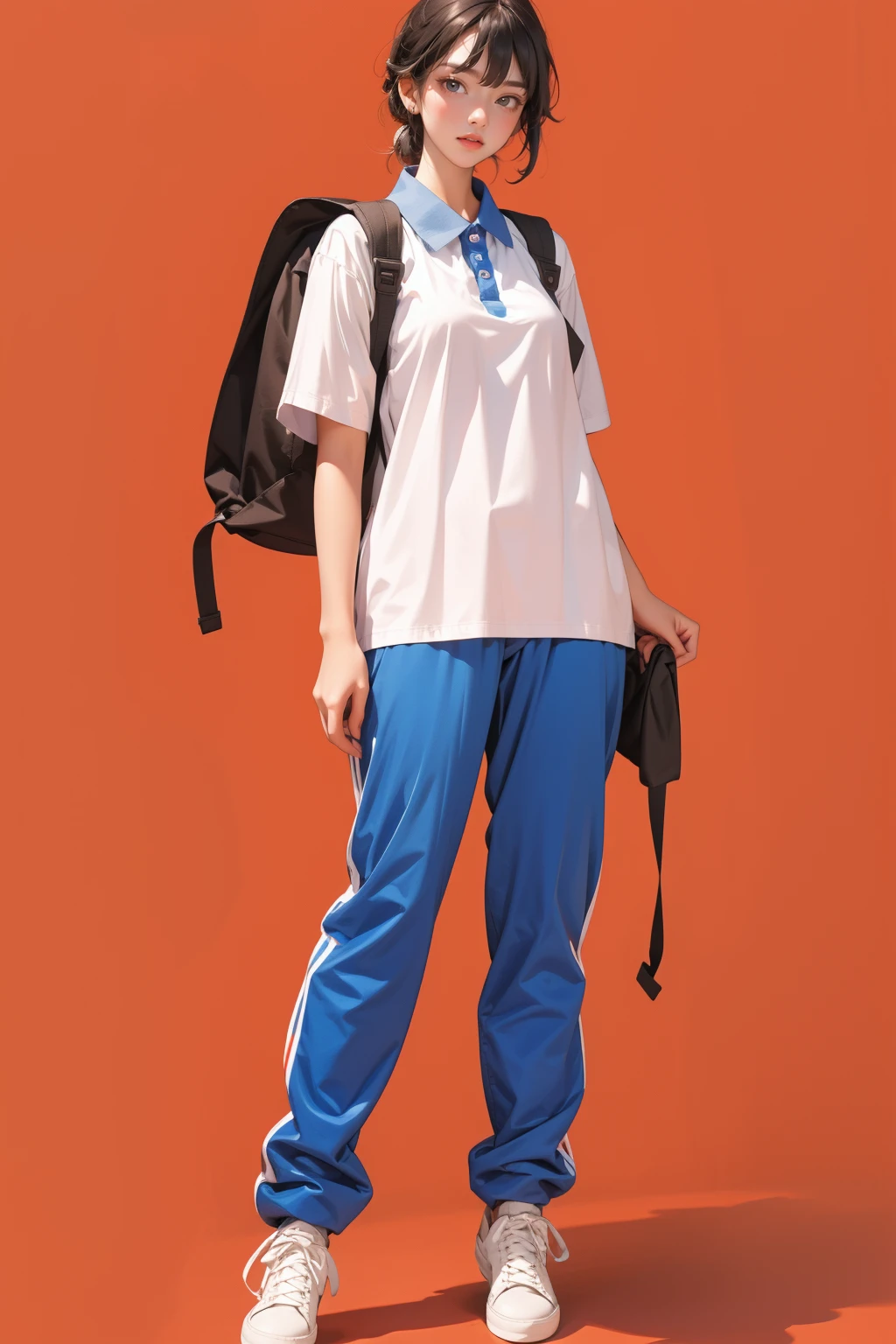 1girl,solo,full body,red background,standing,,ruanyi0533,backpack,blue pants,collared shirt,short sleeves,striped,sneakers,<lora:0533 Shen Jiayi_v1:1>, best quality,masterpiece,highres,official art,extremely detailed cg unity 8k wallpaper