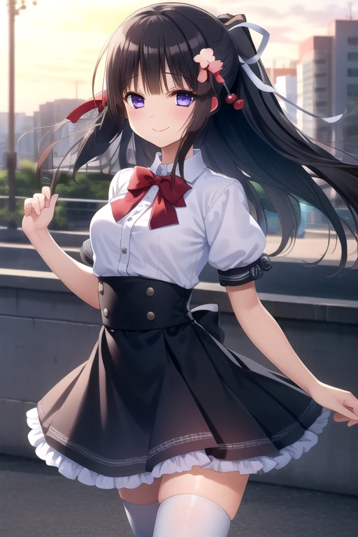 ((masterpiece)),(best quality),official art,extremely delicate and beautiful,extremely detailed CG,unity 8k wallpaper,ultra detailed,beautiful detailed eyes,extremely detailed face,outdoors,1girl,solo,cowboy shot,looking at viewer,facing viewer,smile,(petite:1.2),Nanami Hinako,long hair,black hair,ponytail,half updo,cherry hair ornament,hair flower,hair ribbon,white ribbon,sidelocks,hair between eyes,blunt bangs,purple eyes,school uniform,red bowtie,white shirt,collared shirt,puffy short sleeves,frills,medium breasts,high-waist skirt,black skirt,zettai ryouiki,white thighhighs,loafers,<lora:Nanami Hinako(ig)>,