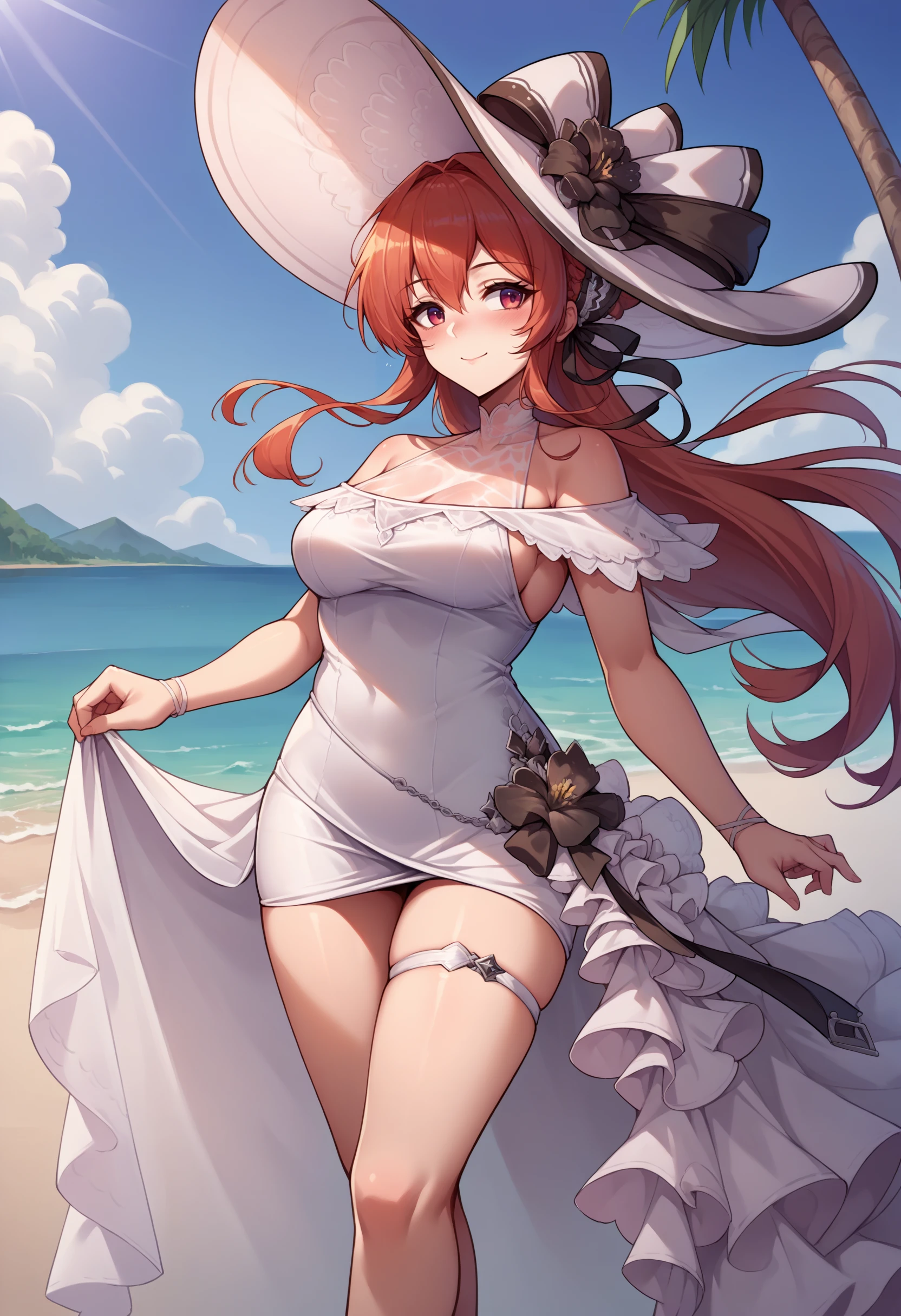 score_9, score_8_up, source_anime, 1girl, solo, MonarchWhiteWarrick, long hair, white sun hat, white dress, off-shoulder dress, see-through cleavage, short dress, high-low skirt, frills, white thigh strap, standing, outdoors, beach, sunshine, smile, blush, <lora:ChamMonarchPonyXL:1>