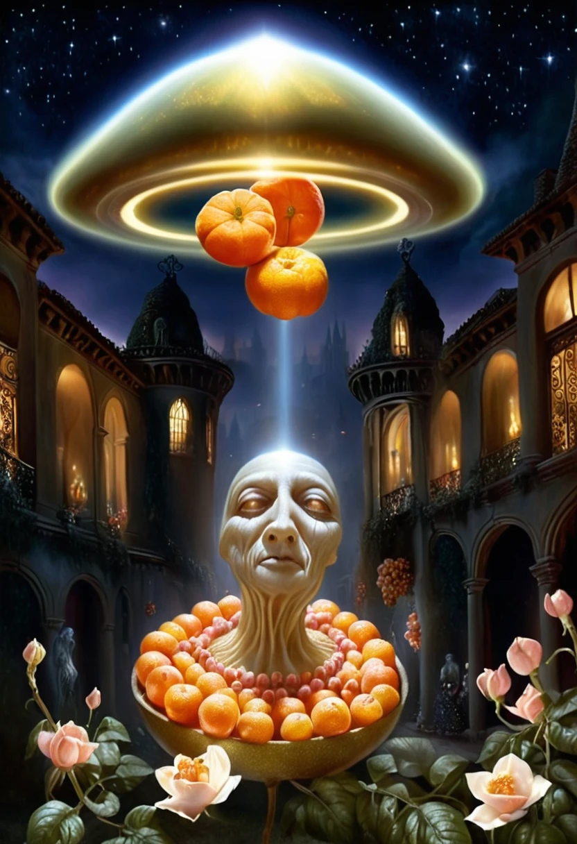 surrealism art by Alex Alemany, storybook realism art by Rita Kernn-Larsen, ufo alchemy, Aristide Maillol, glittering, flowers, Cleansing, Raw digital photo, Nasty (anthropomorphic tangerines-ufo alchemy:1.2) , Tim Doyle, Kerem Beyit, Ruthless, surrealism, symbolic, dreamlike, introspective, Surreal urban landscapes, magical realism, atmospheric lighting, architectural elements, dreamlike compositions, mysterious narratives