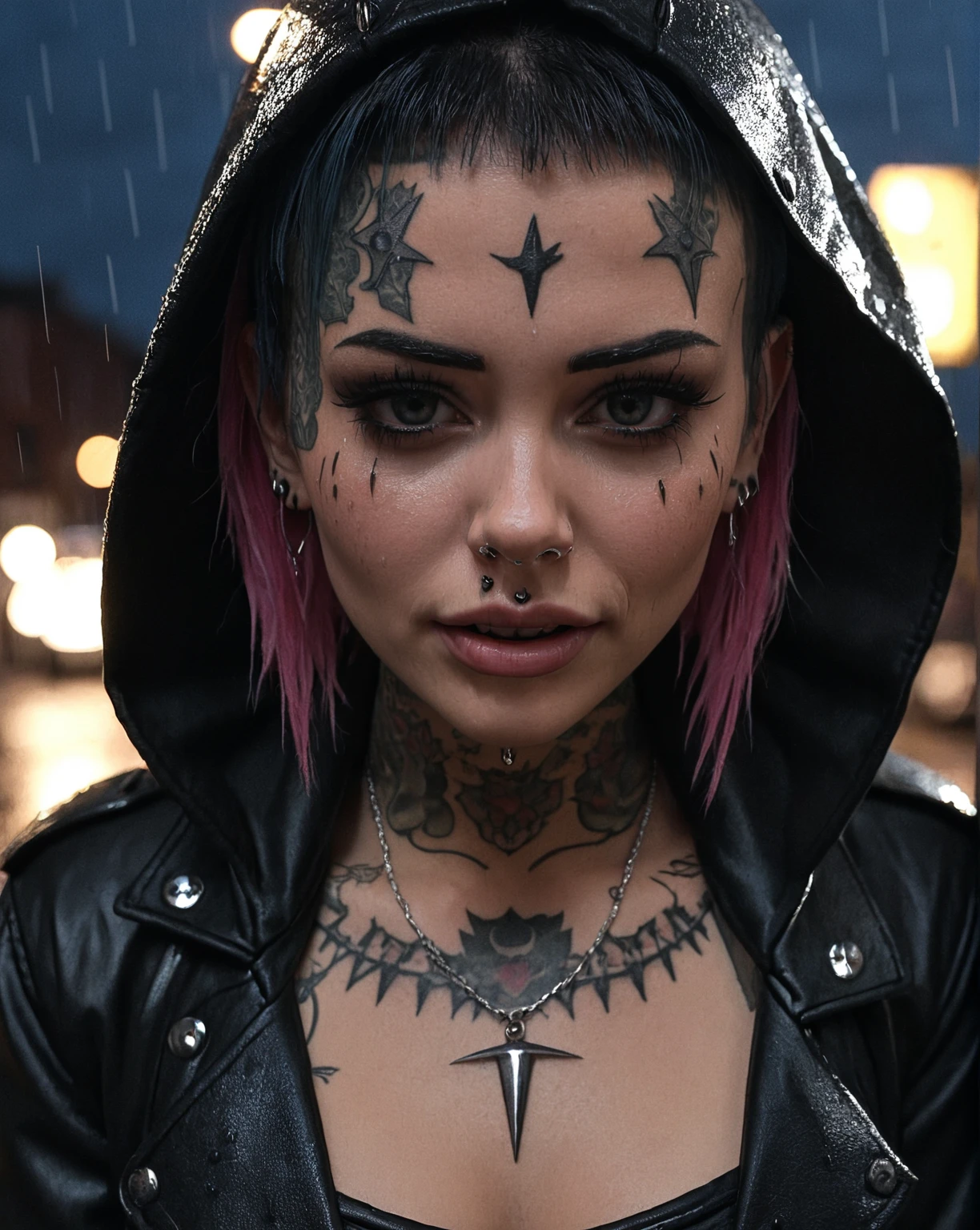 1girl, ,  realistic,  solo, goth clothes, spikes, at night, in a street, rain, focus face, piercing, tattoo    <lora:T1gerL1lly:1> t1gerl1lly