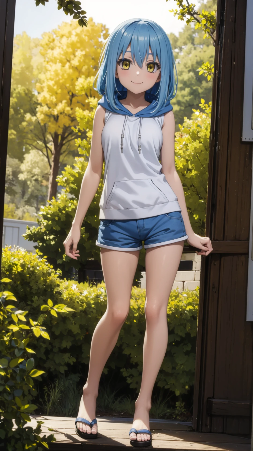 (masterpiece, best quality),ray tracing,absurdres, HDR,rimuru tempest, nikki, 1girl, large breasts,  yellow eyes, blue hair,long hair,  , solo, sleeveless, long hair, hood, hoodie, outdoors, hair between eyes, sleeveless hoodie, looking at viewer, bangs, ,blue shorts,blush,smile,,,standing, sandals,full body, <lora:rimuru nikki_07:0.7>
 <lora:sandals_v3:0.7>