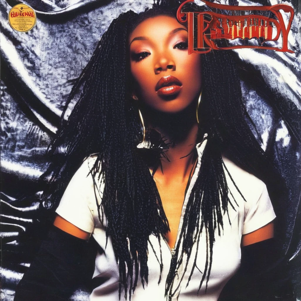 a 1995s album cover, with a photo of brndi, <lora:brndiXL-000001:1> brndi, brndi close up, brndi , ((album cover: "Brandy":1))