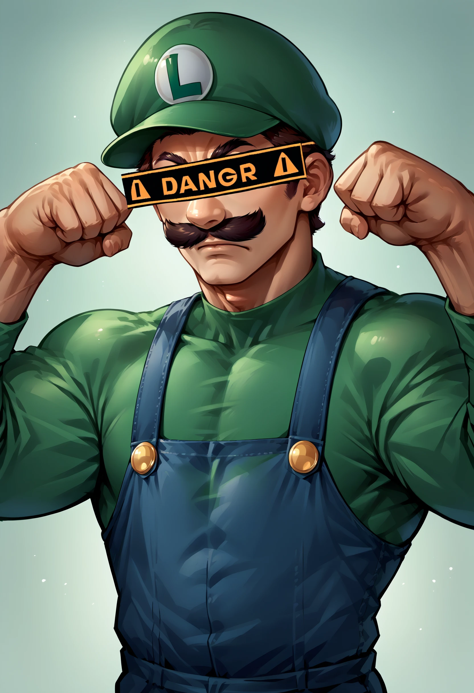 score_9, score_8_up, score_7_up, source_anime, 1boy, DangerCensor, identity censor, <lora:DangerEyeCensor_XLPD:1.2>, upper body, <lora:Luigi_XLPD:1> Incrsluigi, luigi, green headwear, blue overalls, white gloves, long sleeves, muscular, flexing, strong pose,