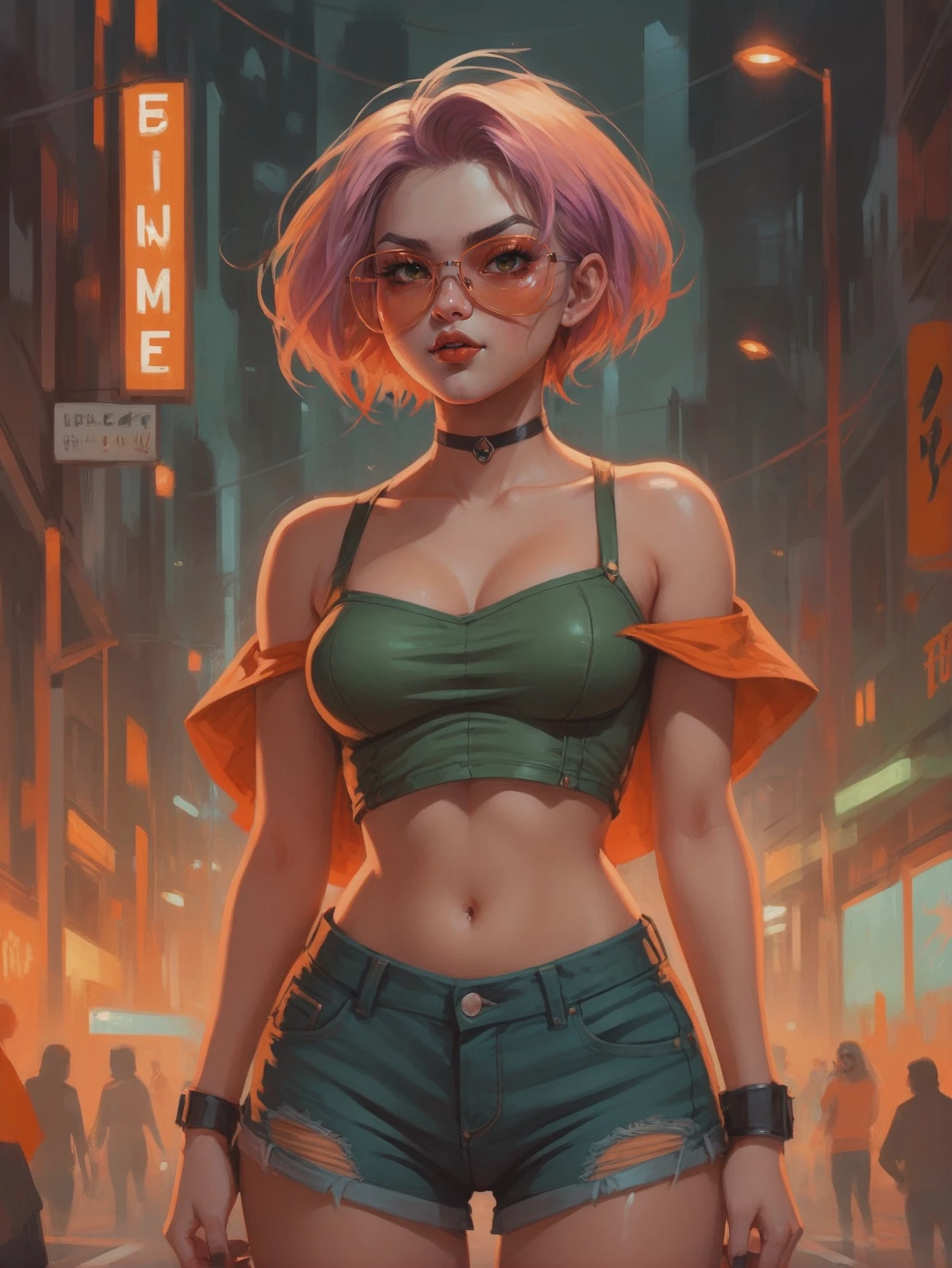 comic book style,vintage digital painting, 1girl, woman, pastel punk girl, cute, revealing costume design,punk hair, denim shorts, bombshell hair, forest green hair, pixie cut, orange clothes, thicc hourglass figure, small breasts, (dark skin:1.3), seductive smile, Supernatural,ghostly scifi city beyond the beginning of the universe<lora:EnvyStarlightGoldenHour01:1>