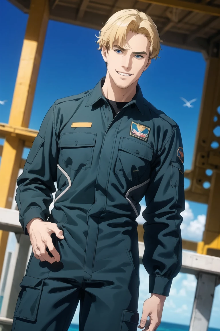 solo male, Lewis Smith \(Bang Brave Bang Bravern\), blond hair, short hair, blue eyes, grey military pilot jumpsuit, black boots, mature, handsome, charming, alluring, grin, standing, upper body, perfect anatomy, perfect proportions, best quality, masterpiece, high_resolution, dutch angle, cowboy shot, photo background, on aircraft carrier, ocean, sky<lora:EMS-367115-EMS:0.800000>