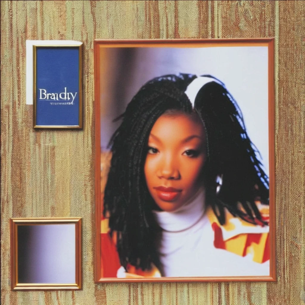 a 1995s album cover, with a photo of brndi, <lora:brndiXL:1> brndi, brndi close up, brndi , ((album cover title: "Brandy":1)) ((depth of field:1)), brndi in focus,
