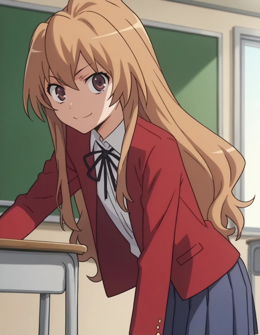 score_9, score_8_up, score_7_up, source_anime,
taigaaisaka, <lora:taiga-aisaka-s1-ponyxl-lora-nochekaiser:1>,
taiga aisaka, long hair, brown hair, brown eyes,
school uniform, oohashi high school uniform, jacket, red jacket, long sleeves, shirt, white shirt, collared shirt, ribbon, skirt, pleated skirt,
indoors, classroom, bent over, smile,
looking at viewer, solo, cowboy shot, dutch angle,