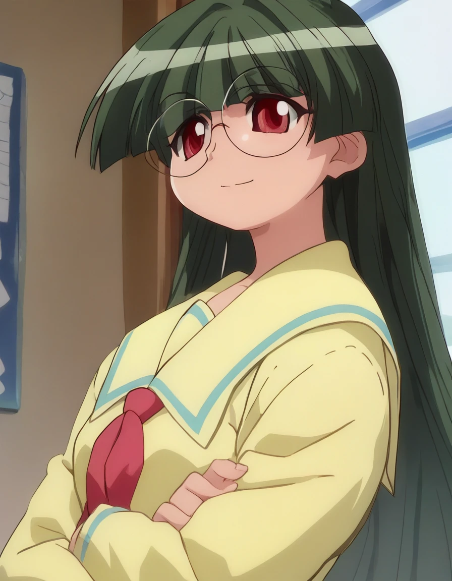 <lora:Smooth Anime 2 Style SDXL_LoRA_Pony Diffusion V6 XL:0.8> score_9, score_8_up, score_7_up,  score_6_up, score_5_up, score_4_up,  source_anime,  BREAK,  <lora:Tachibana Rei PONY:1> 1girl, tachibana rei, green hair, long hair, glasses, red eyes, school uniform, solo, smile