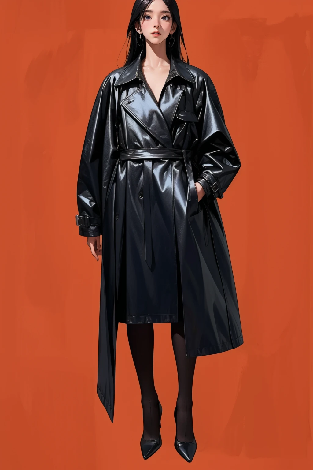 1girl,solo,red background,full body,standing,,ruanyi0531,black coat,black jacket,long sleeves,<lora:0531 black jacket_v1:1>, best quality,masterpiece,highres,official art,extremely detailed cg unity 8k wallpaper