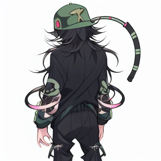 antenna hair, full body, 1boy, long hair, closed mouth, from behind, ahoge, long sleeves, multicolored hair, black pants, looking at viewer, hat, earrings, jacket, blush