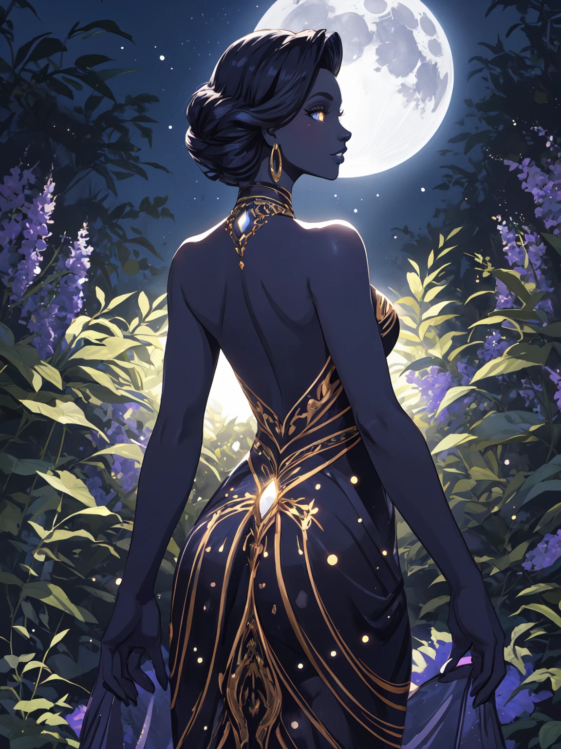 A shining silhouette of a looking back mystique black woman with her deep bright glowing eyes wearing an elegant dress with bare back and shoulders in a mystery garden, time shift, moonlight shadows, glamorous world