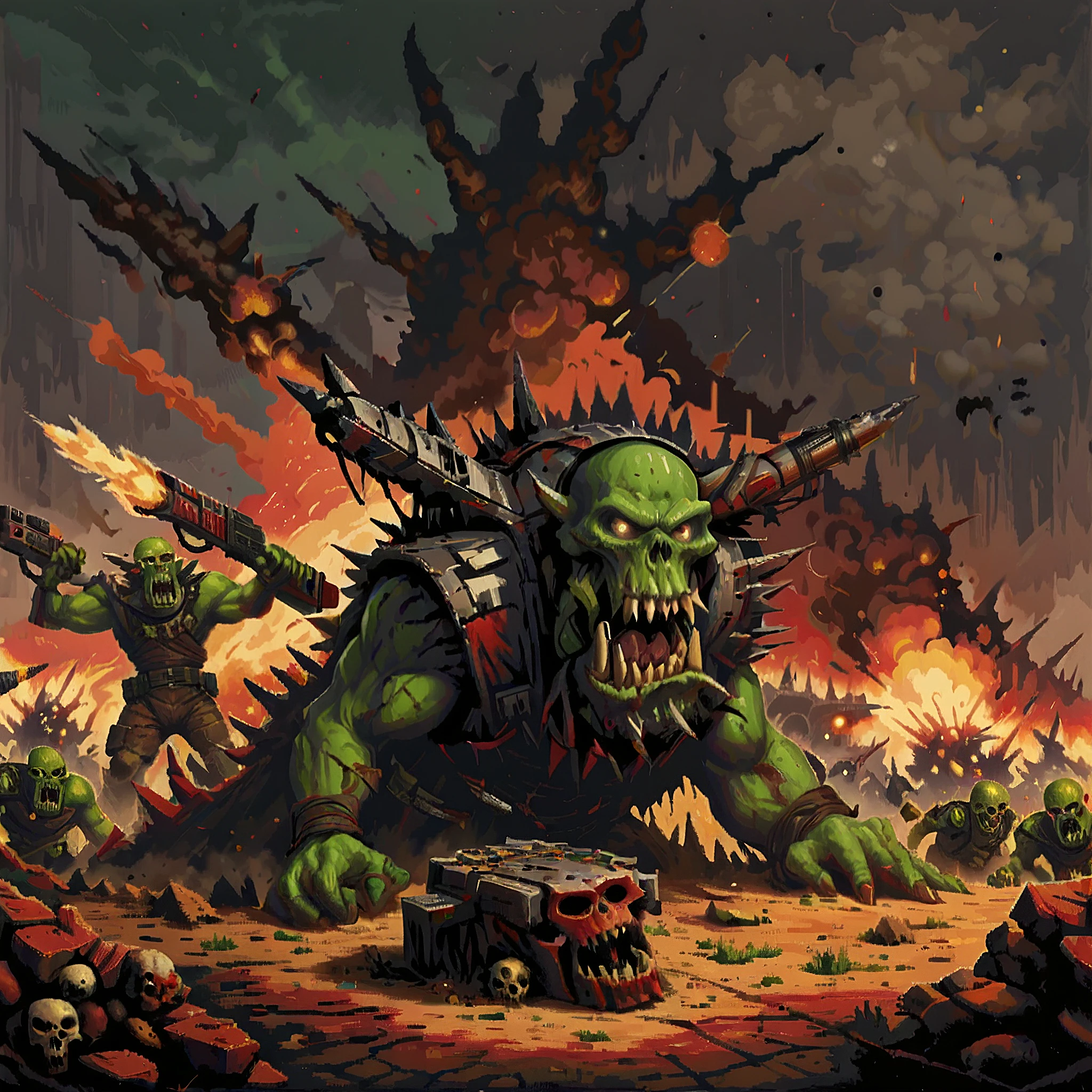 multiple warriors in a huge chaotic battle, whorks, green skin, teeth, skulls, rockets, explosions,